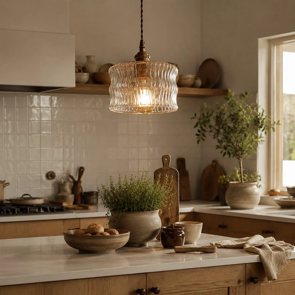 Vintage Ripple Glass Pendant Light With Warm Brass Accent