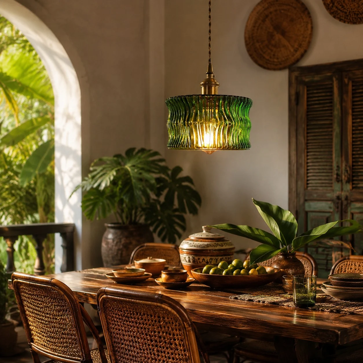 Vintage Ripple Glass Pendant Light With Warm Brass Accent