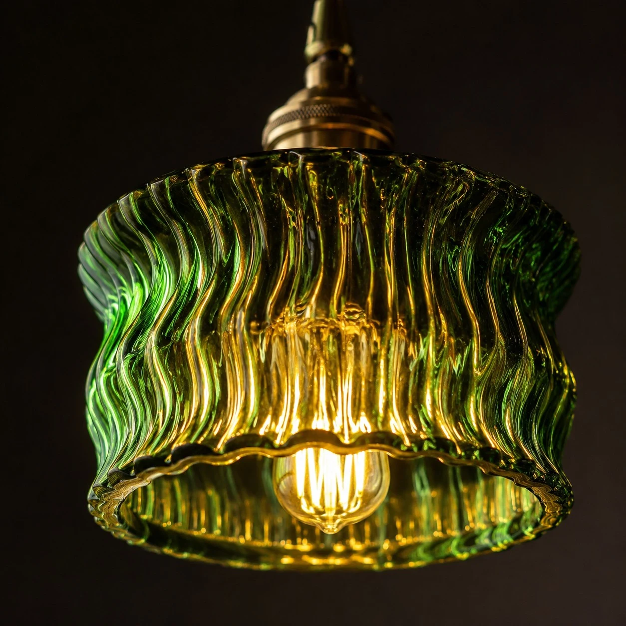 Vintage Ripple Glass Pendant Light With Warm Brass Accent