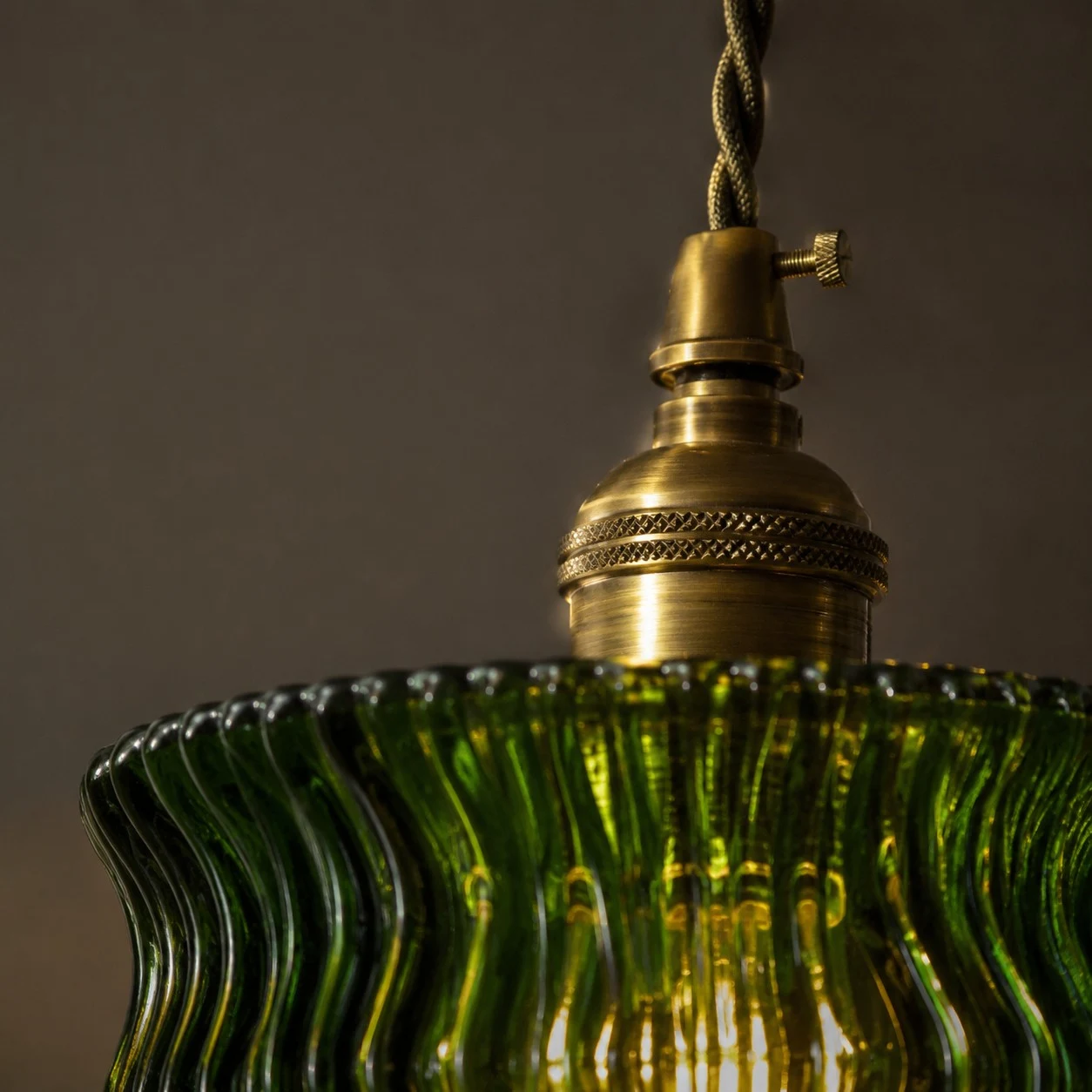 Vintage Ripple Glass Pendant Light With Warm Brass Accent