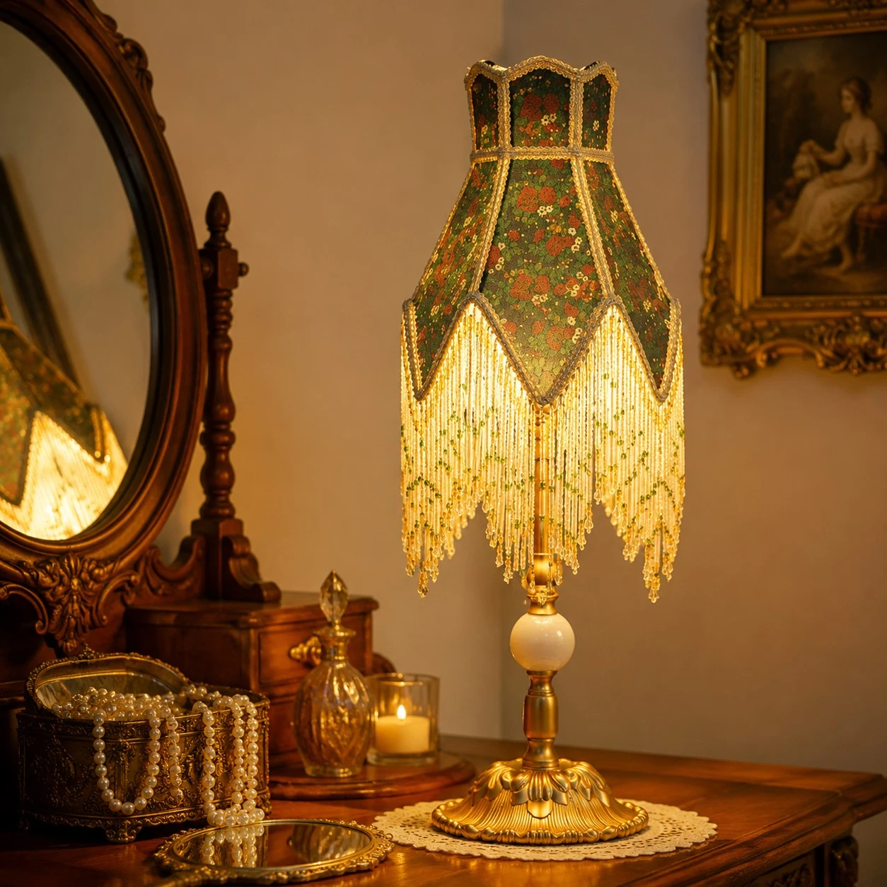 French vintage beaded fringe table lamp