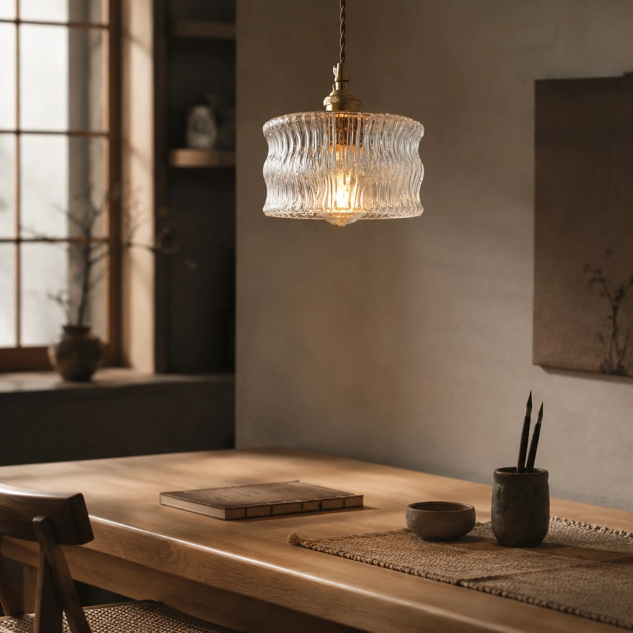 Vintage Ripple Glass Pendant Light With Warm Brass Accent