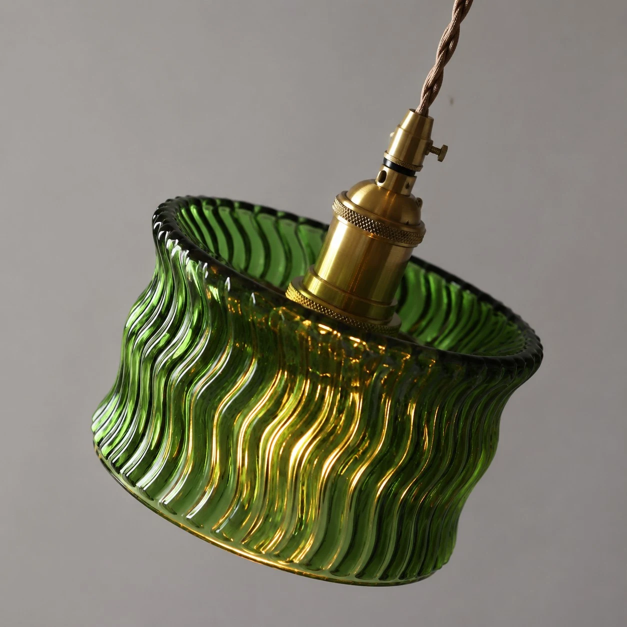 Vintage Ripple Glass Pendant Light With Warm Brass Accent
