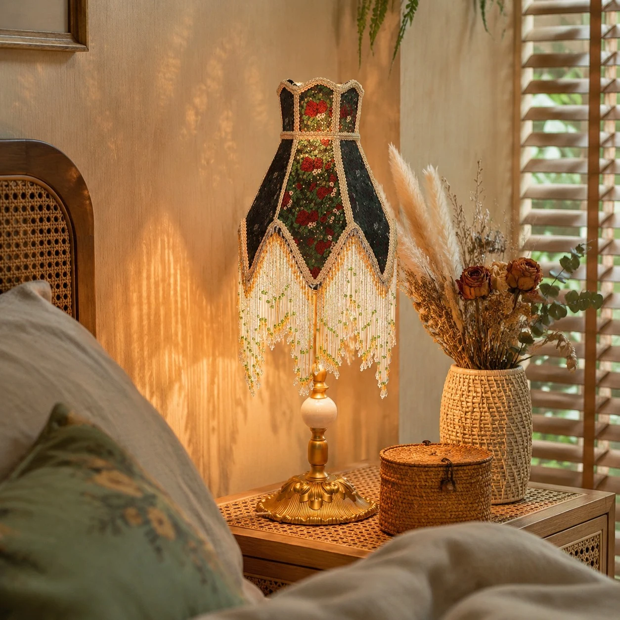 French vintage beaded fringe table lamp