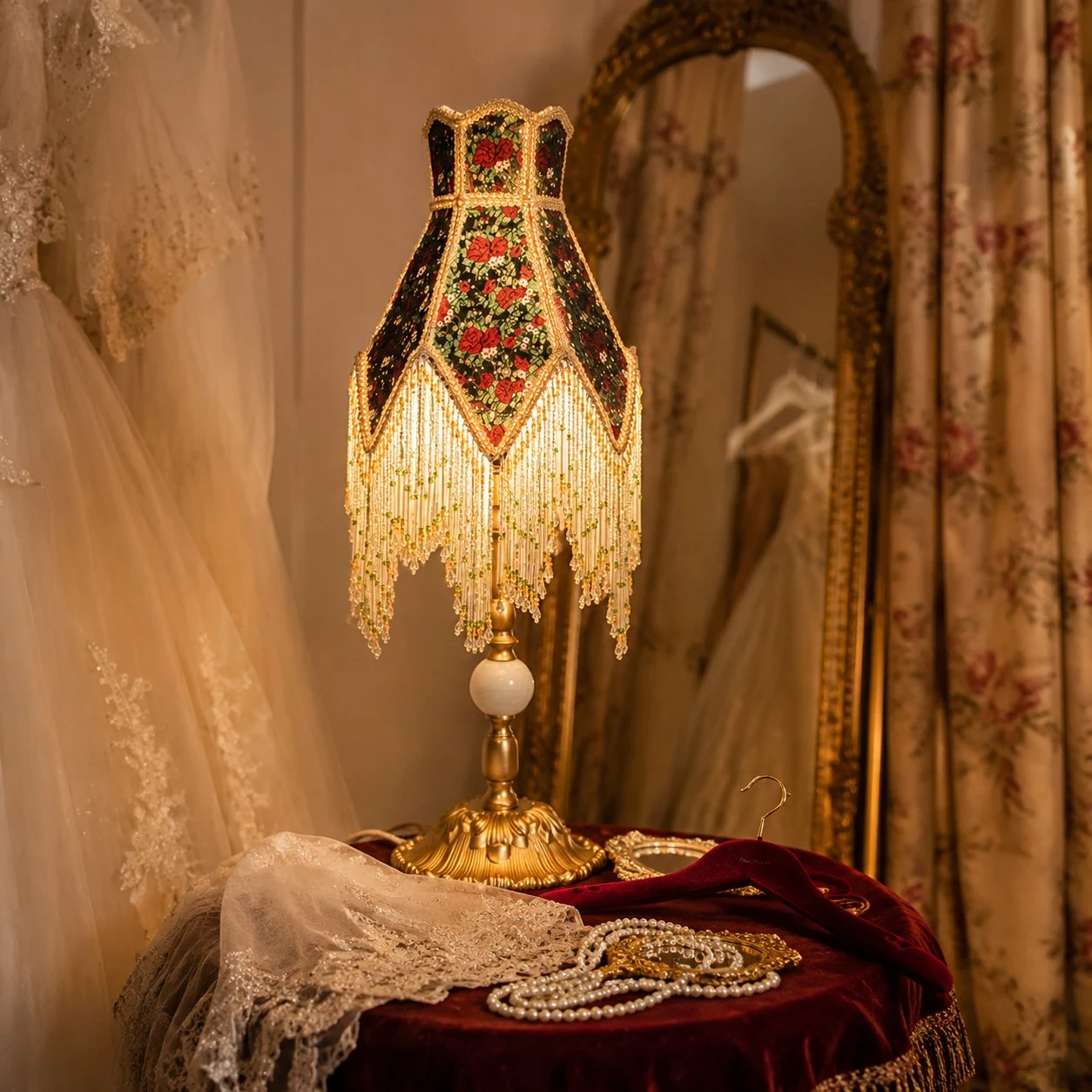French vintage beaded fringe table lamp