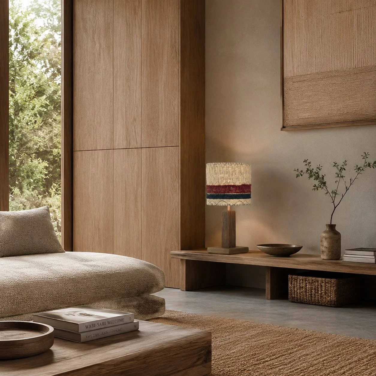 Striped loofah table lamp lit in a natural wood interior