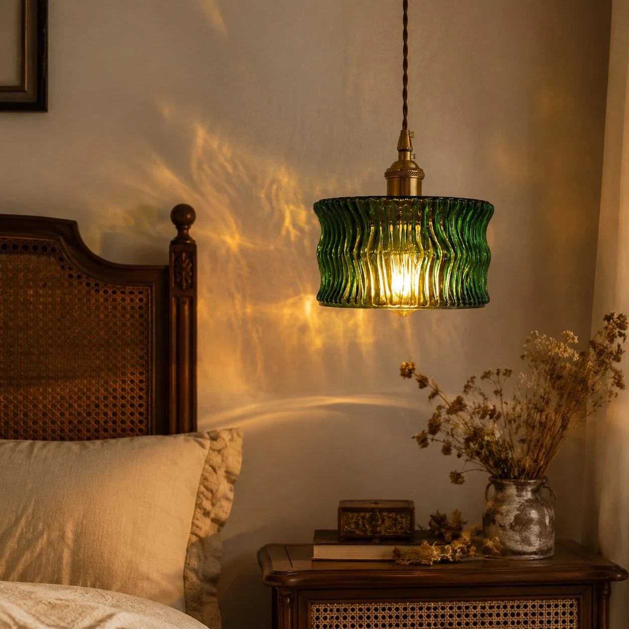 Vintage Ripple Glass Pendant Light With Warm Brass Accent