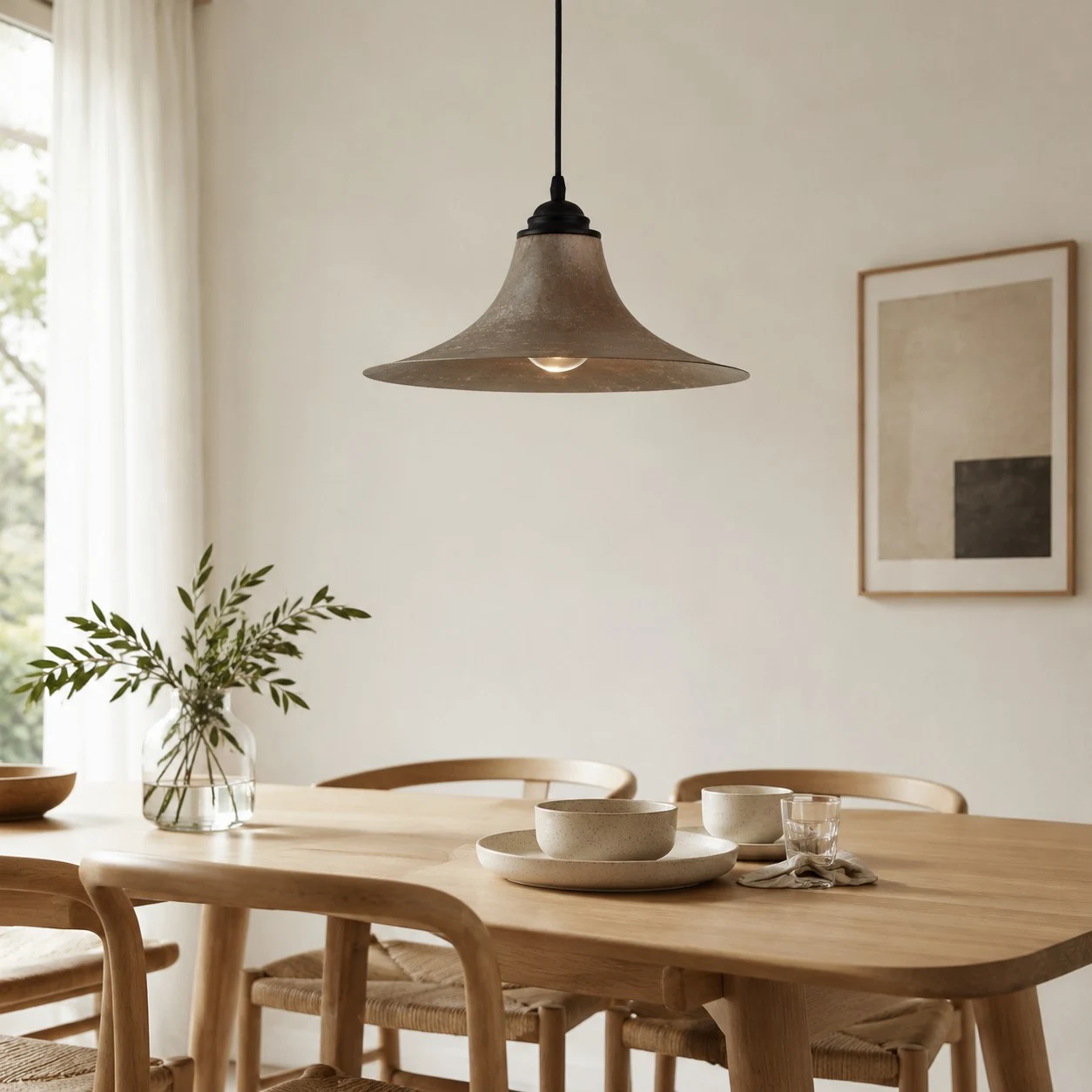 Aged black iron pendant lamp over a dining table