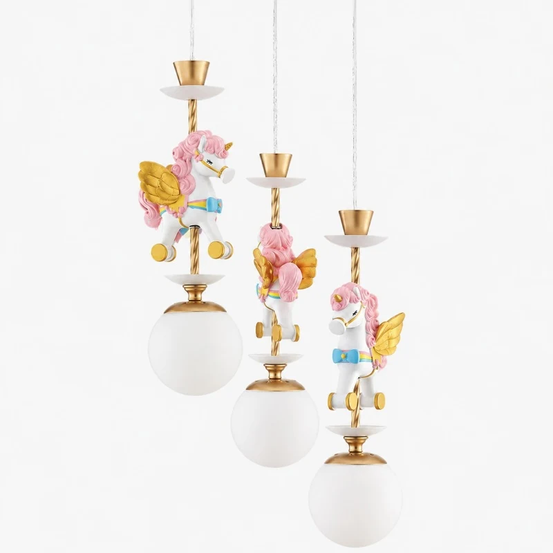Three light pastel unicorn chandelier with floral accents