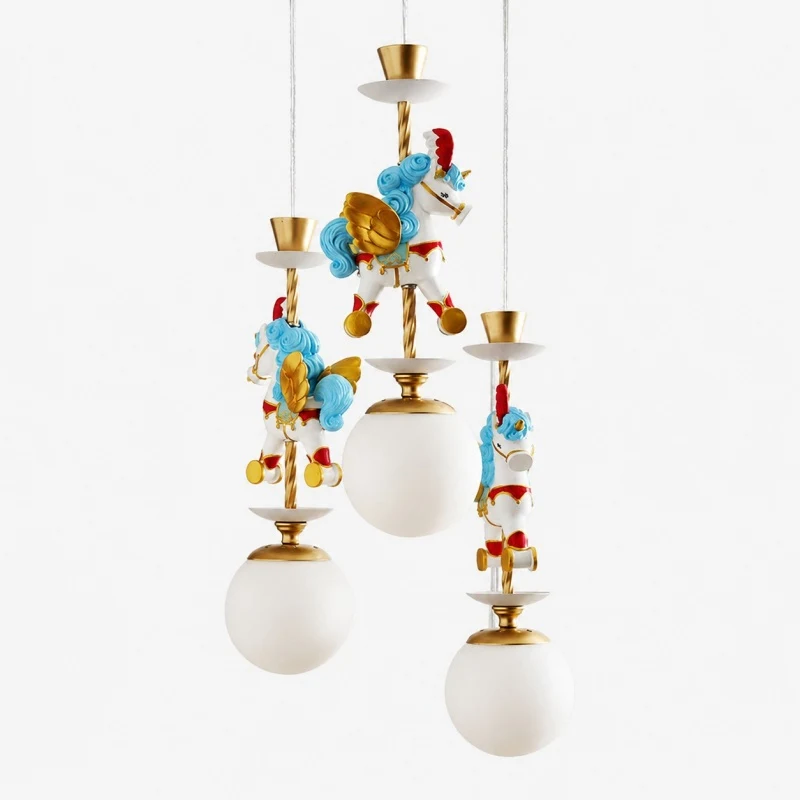 Three light unicorn chandelier with colorful horse figures