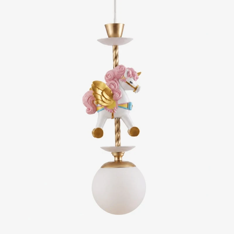 Single unicorn pendant light with pink flower accents on white background