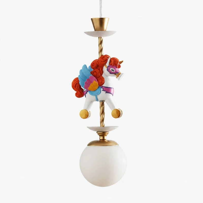 Single circus horse pendant light with red and blue accents
