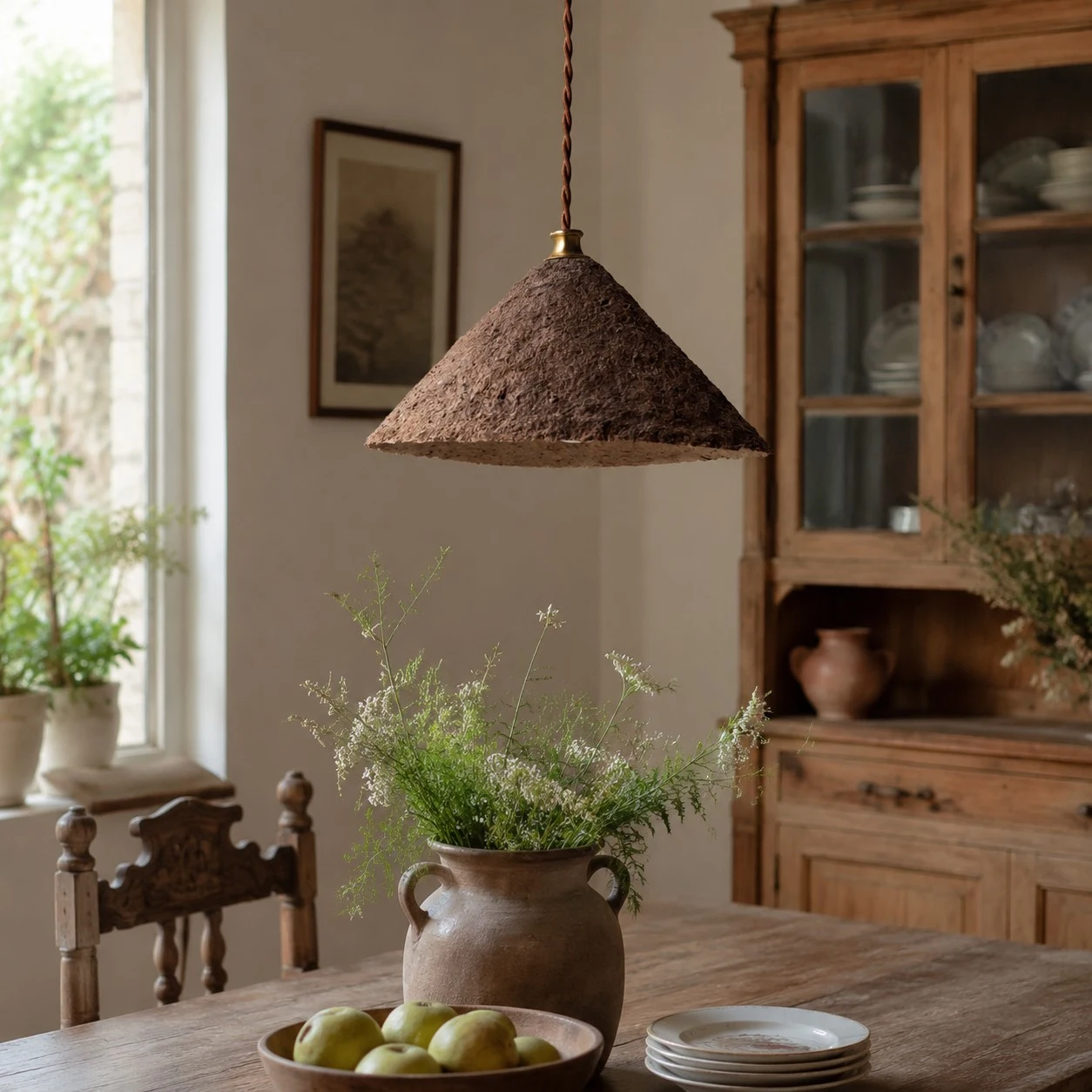 Textured cone pendant light in room setting