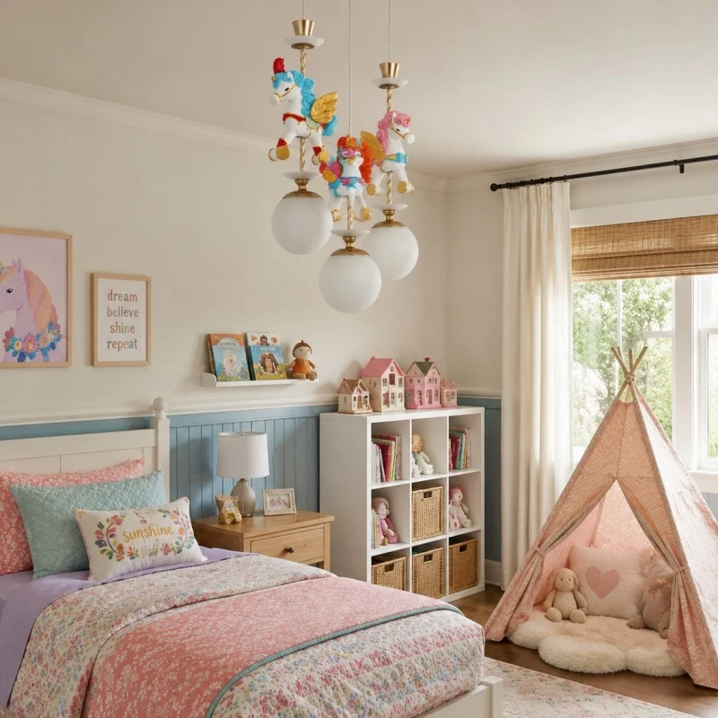 Unicorn chandelier installed in pastel children bedroom