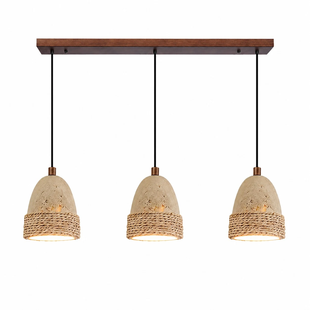 Three-light linear woven stone pendant lamp on white background