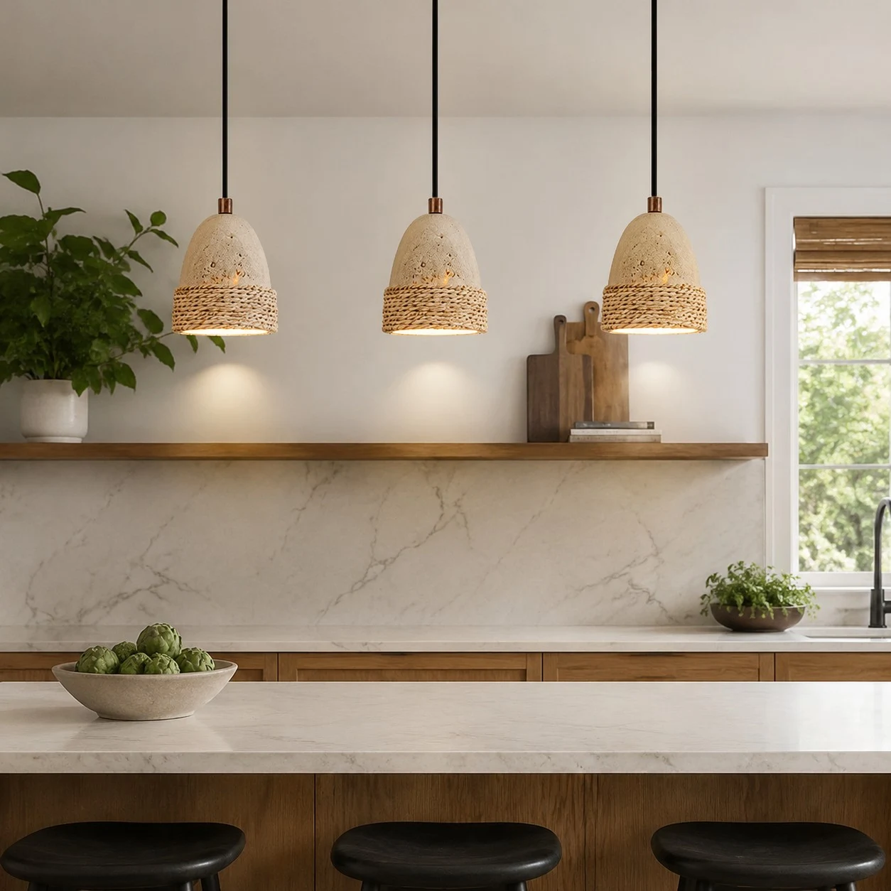 Three woven pendant lights in kitchen island scene