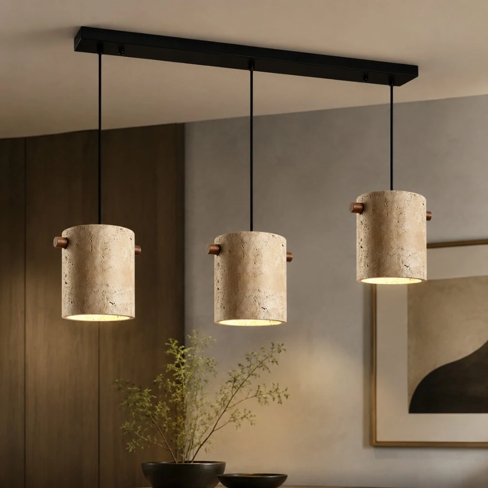Wabi-Sabi Travertine Cylinder Pendant Light