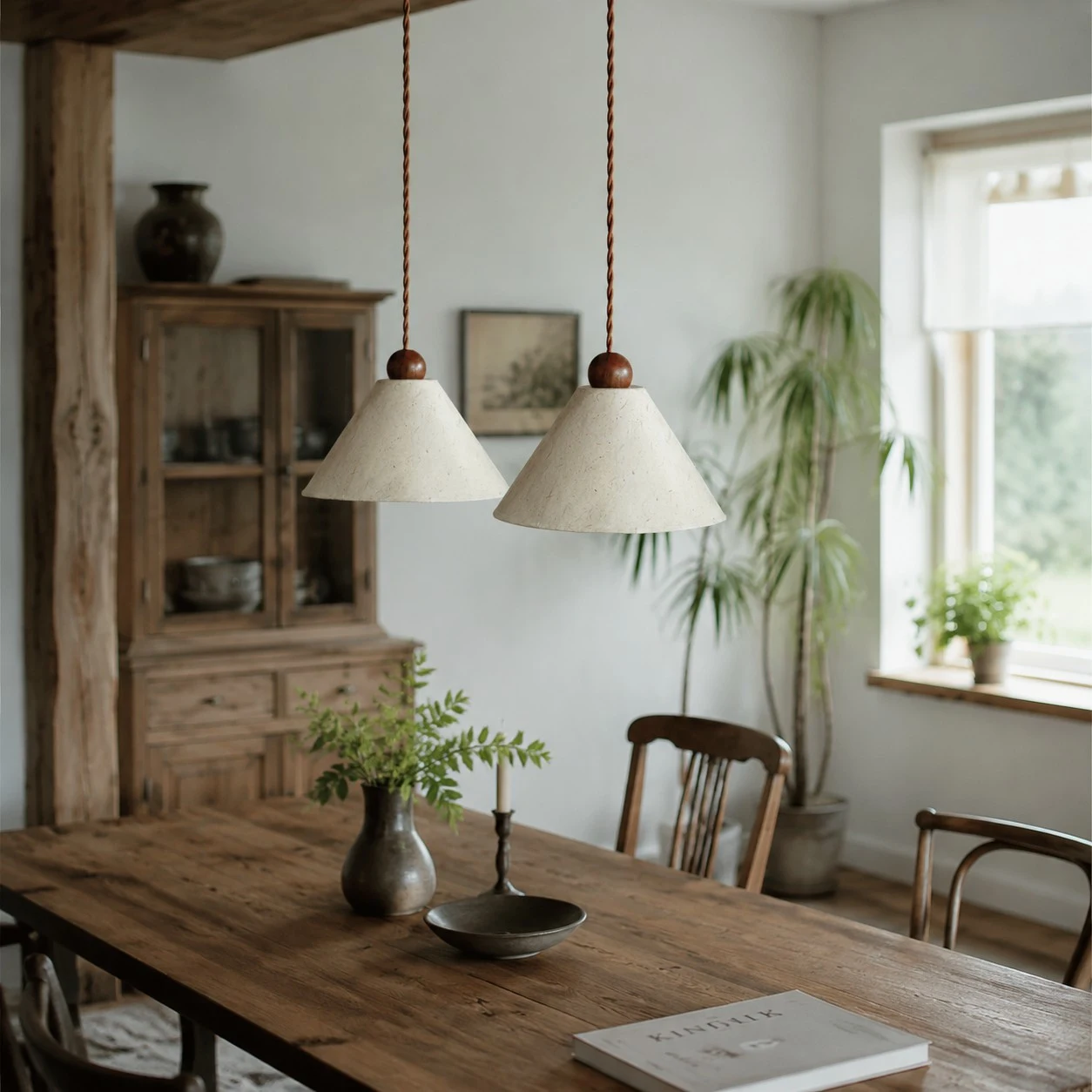 Pair of natural paper pendant lamps over a wood dining table