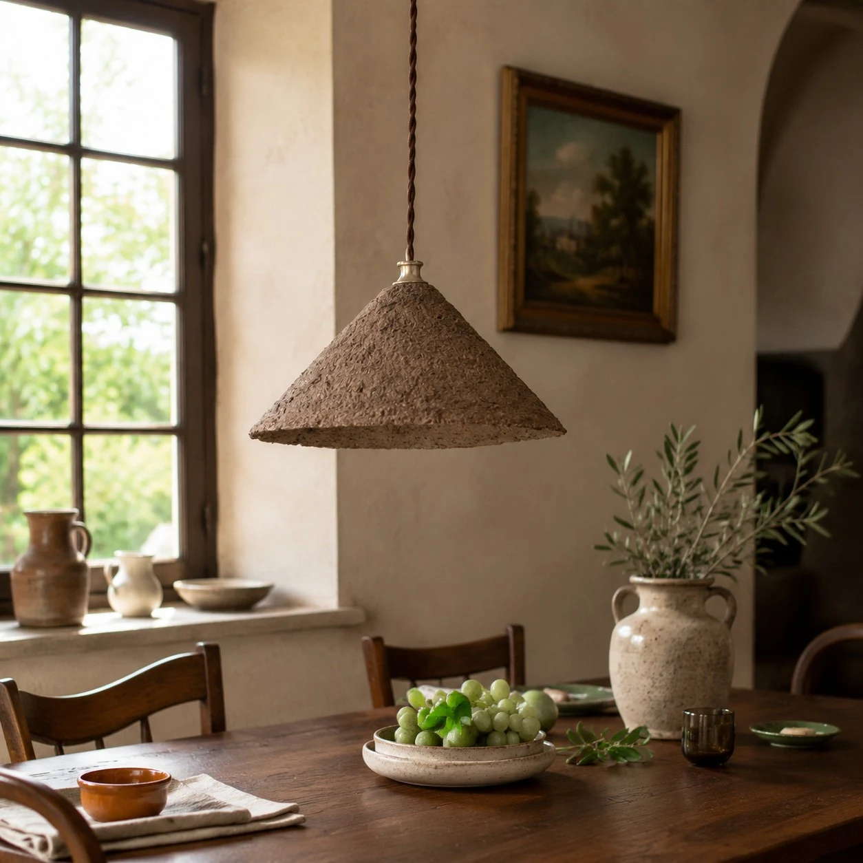 Textured cone pendant light in room setting