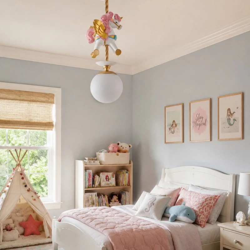 Single unicorn pendant light installed over a bed