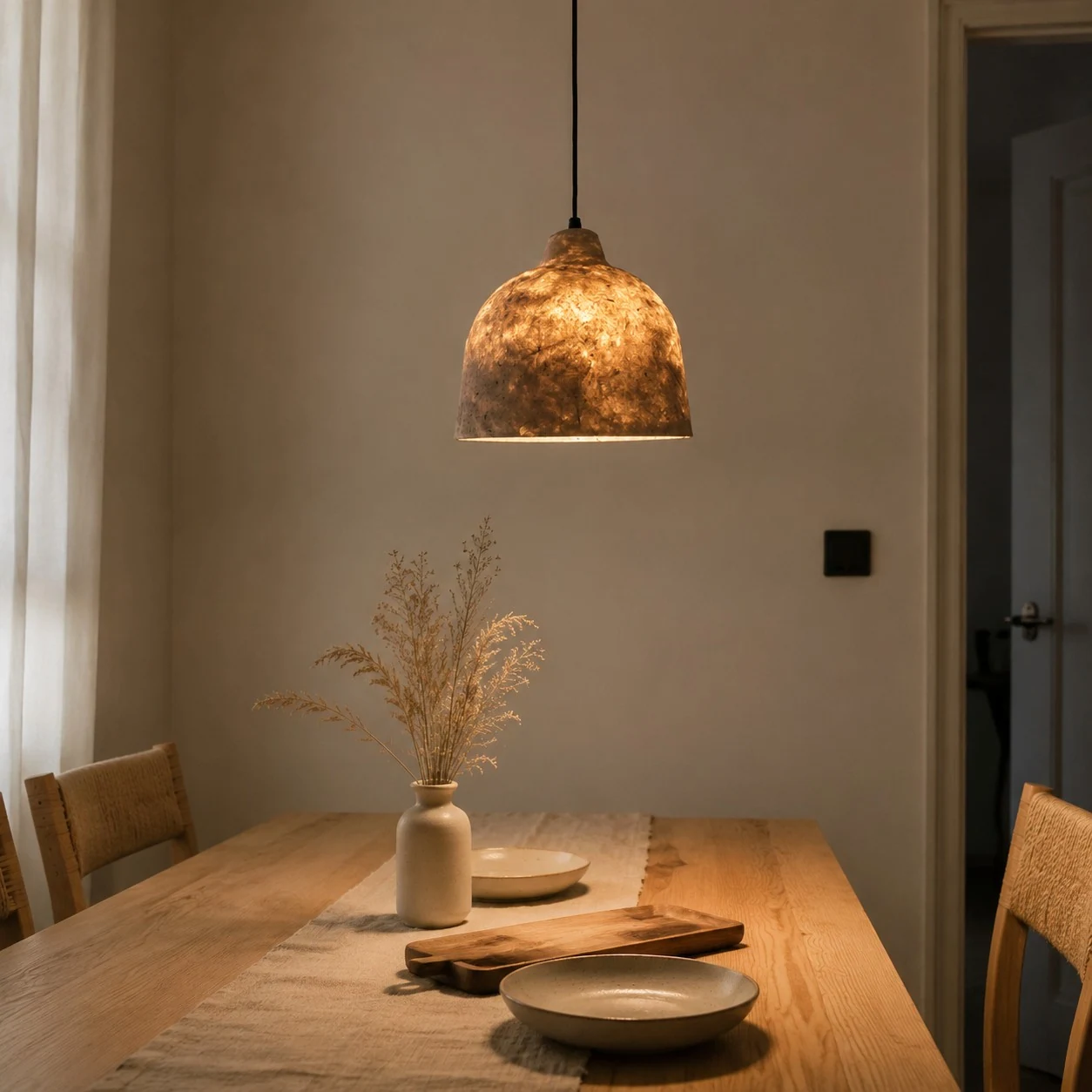 Handmade paper pendant light glowing above a dining table