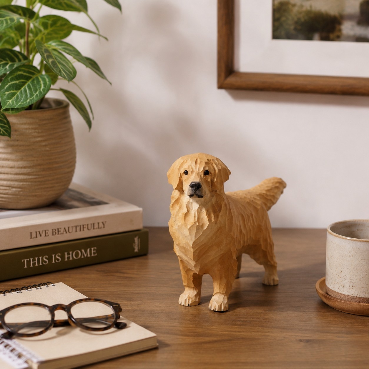 Light wood-tone dog ornament styled on a desk