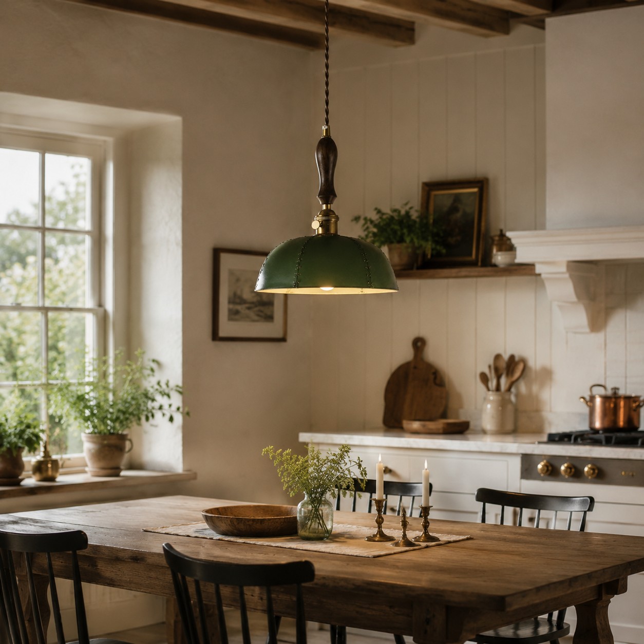 Deep green pendant in a dining kitchen