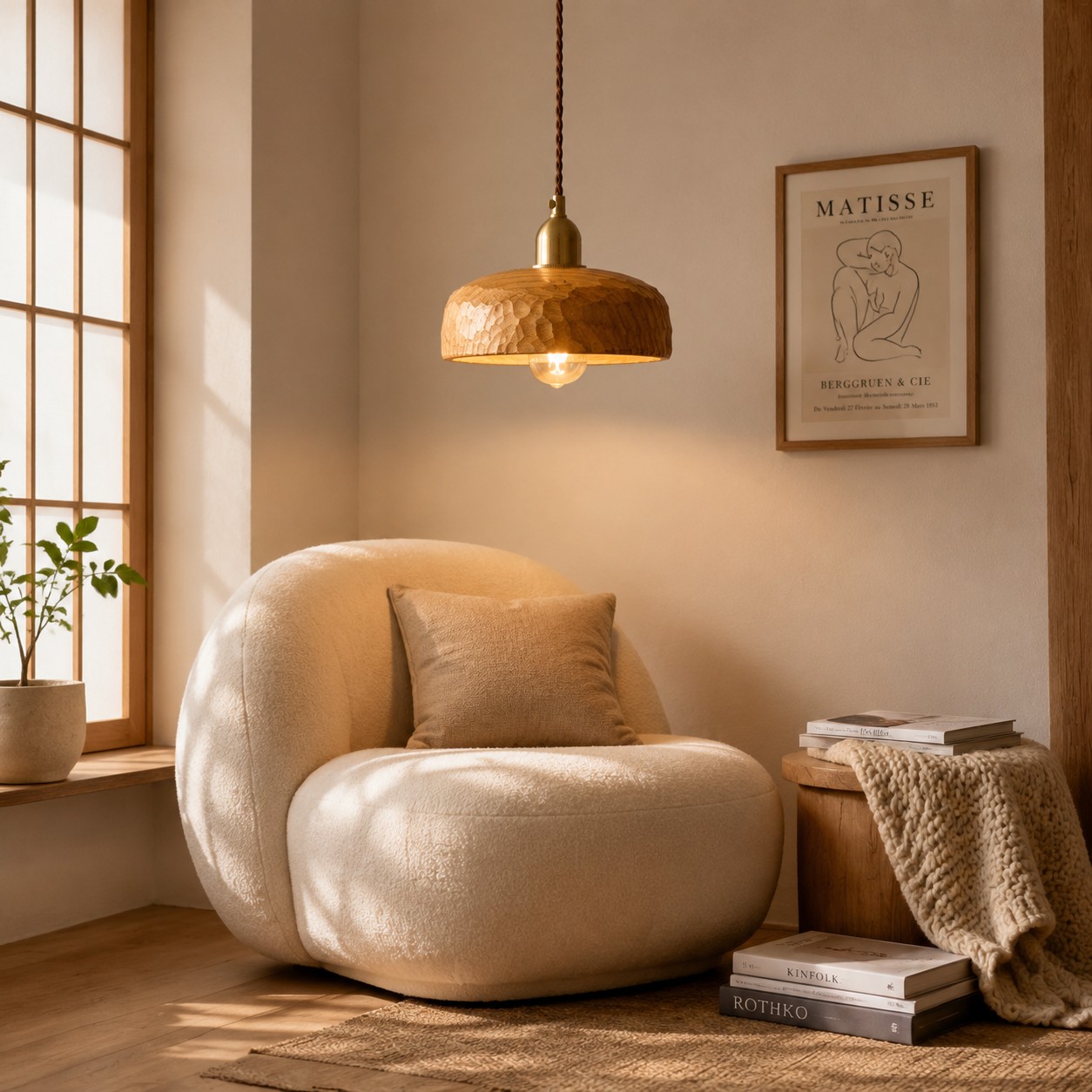 Hand-carved Wabi-Sabi wood pendant lamp
