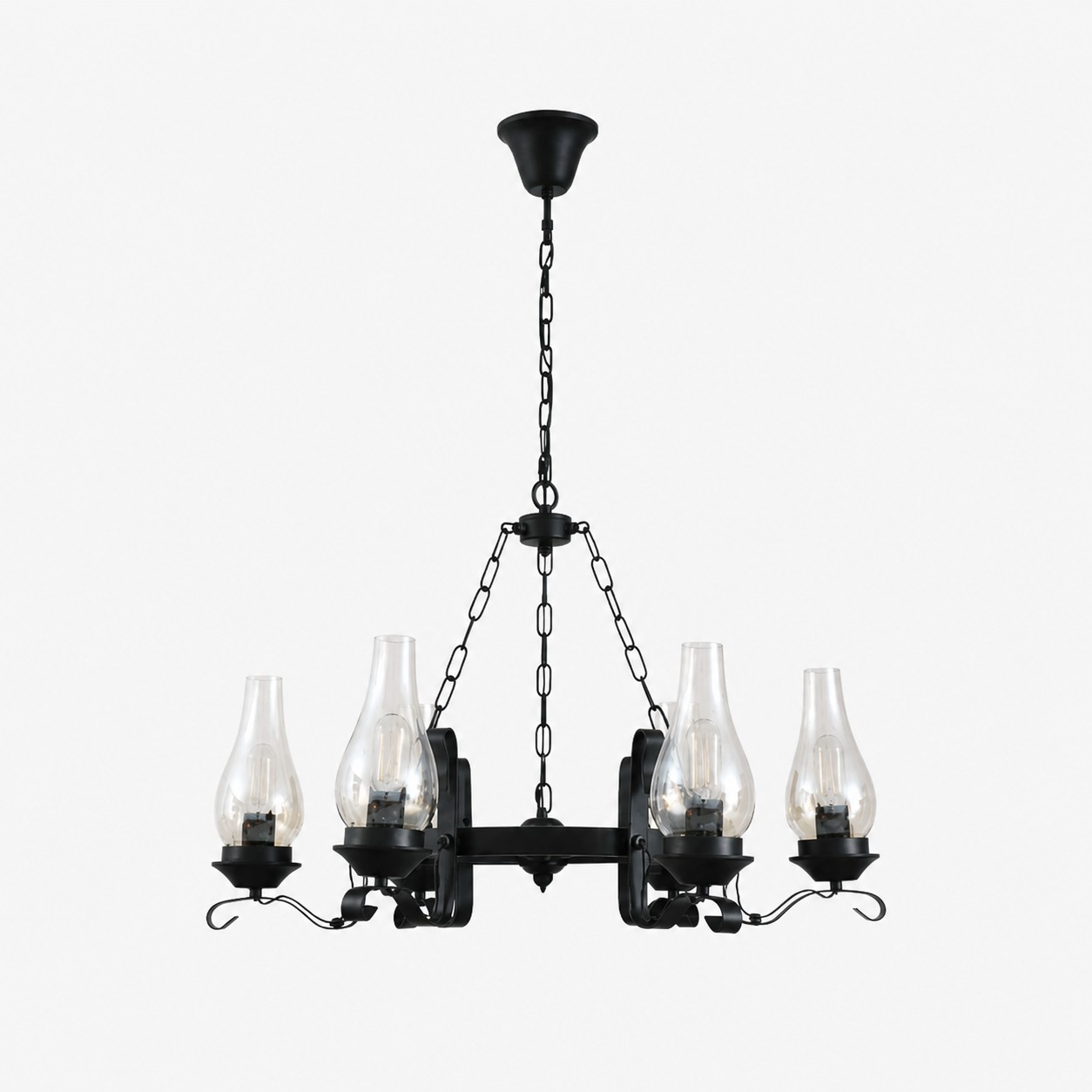 Six-light black iron chandelier with clear hurricane glass shades