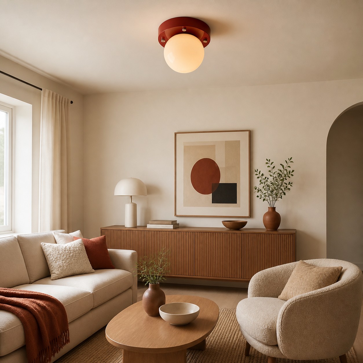 Memphis red LED ceiling light above a calm living area