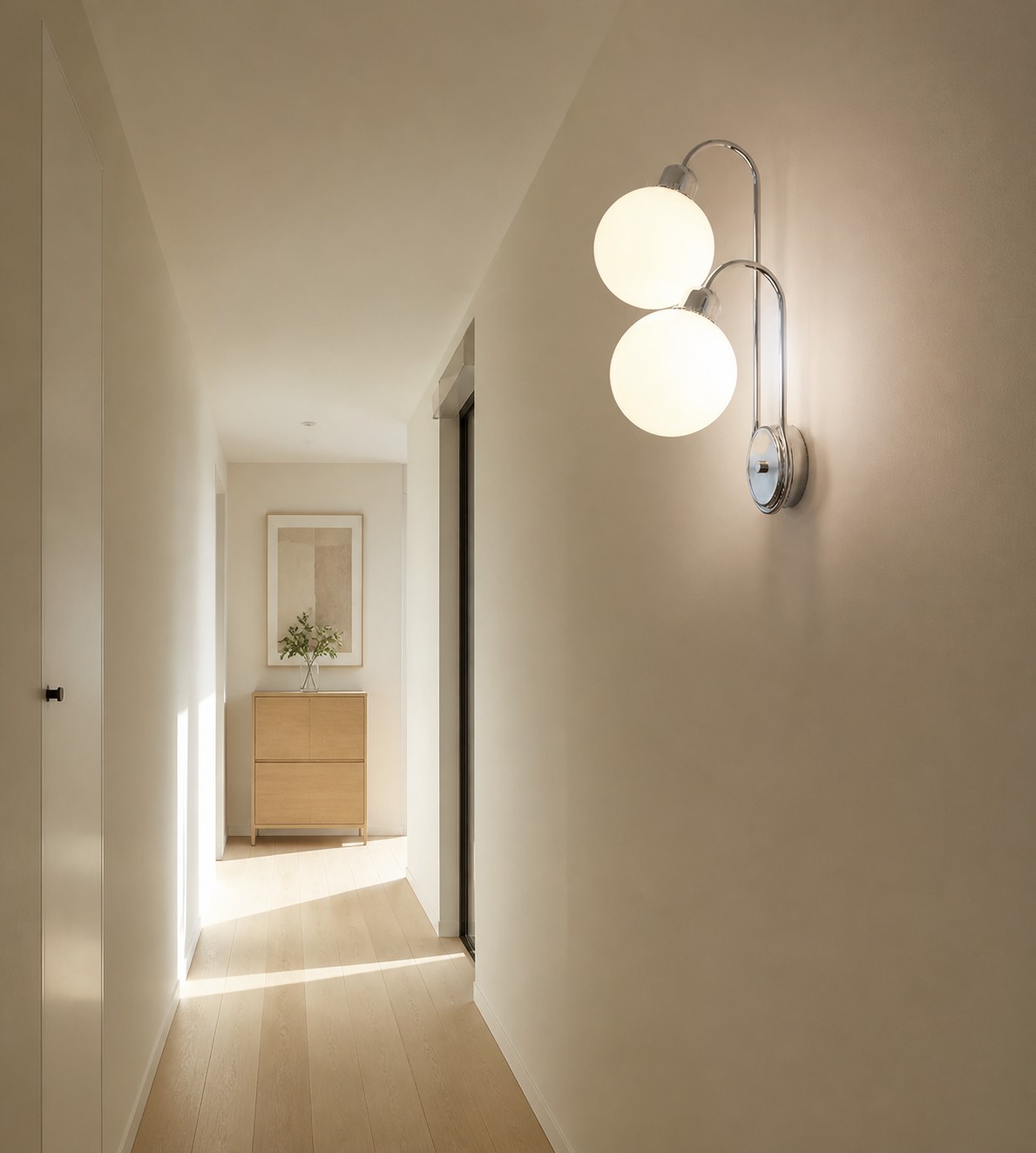 Milk coffee globe wall lamp mounted beside a bedroom nightstand